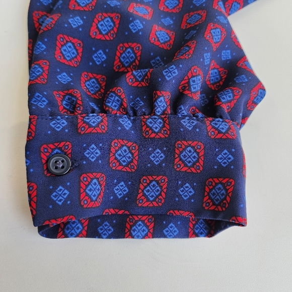 Gap Women's Navy Red Geo Ptint Long Sleeve V-Neck Blouse Keyhole Sz M - Picture 9 of 11